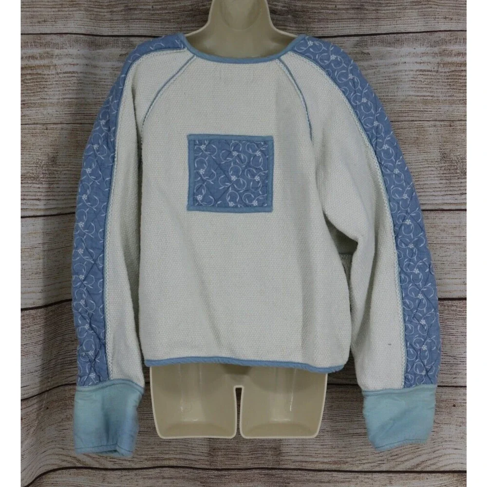 VINTAGE Flashback Womens Sz Large Tapestry Heavy Knit Jacket White Denim Blue - Picture 6 of 7